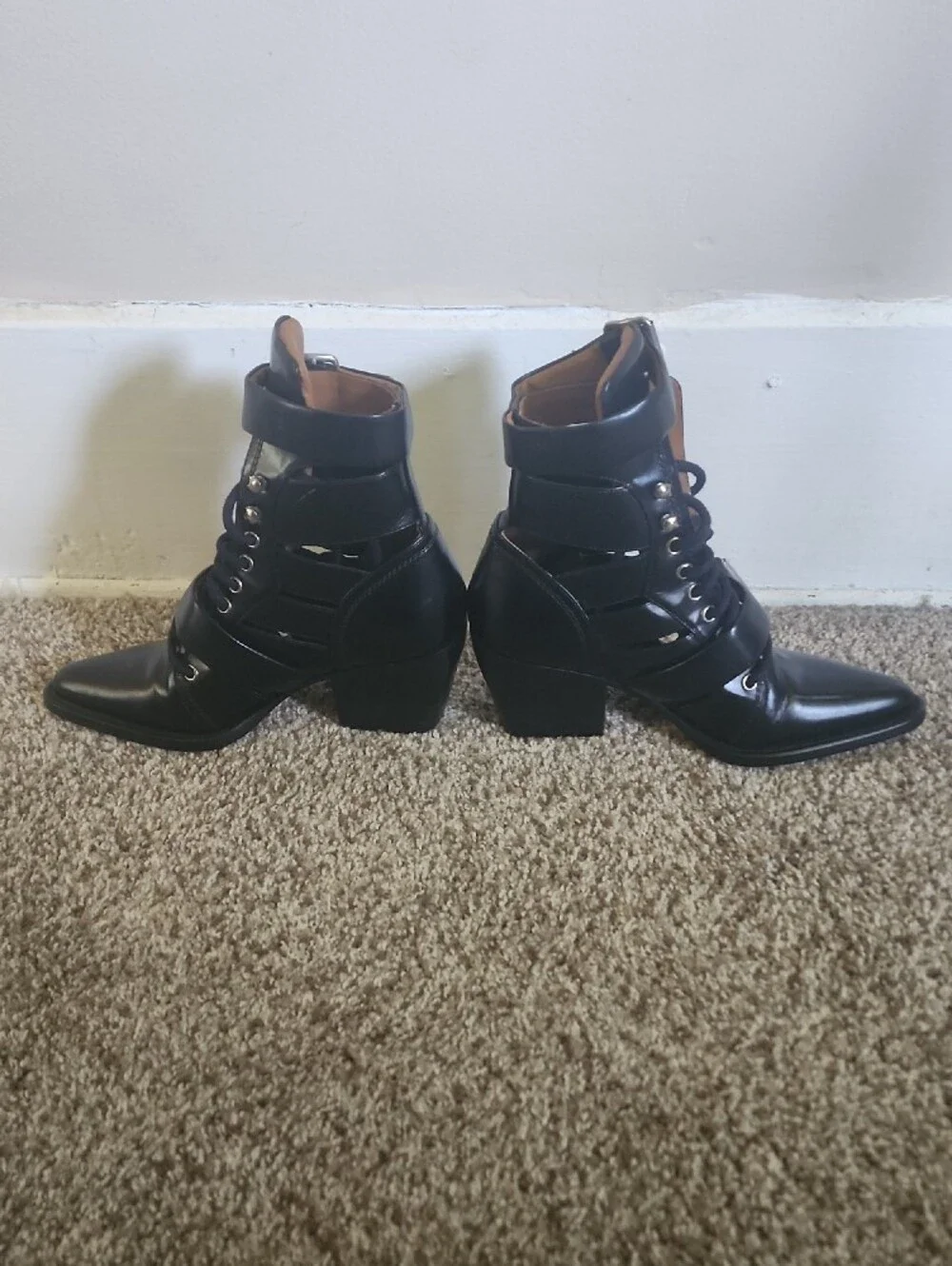 Chloe Rylee Black Buckle Lace-Up Pointed Ankle Boots